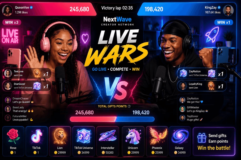 Two creators competing in a split-screen NextWave LIVE Wars battle with scores, gift notifications, a countdown timer and Lion and TikTok Universe-style gifts.